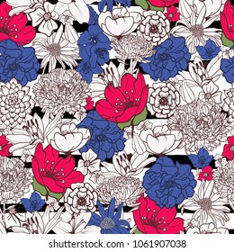 Seamless background, Textile design with hand drawn different Flowers. Vector