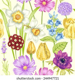 Seamless background for textile, paper, web, tissue.  Illustration flowers in the Victorian style. Narcissus, tulip, anemone, bluebell, Cosmos bipinnatus, primrose, lavender. Vector.