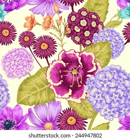 Seamless background for textile, paper, web, tissue.  Illustration flowers in the Victorian style. Hydrangea, chamomile, Cosmos bipinnatus, primrose. Vector.