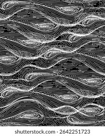 Seamless background or texture with abstract waves or lines of dots and spots. Brushstrokes and iridescent swirls in the Shambhala style for meditation or coloring