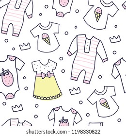Seamless background, texture, backdrop, pattern, wallpaper with children cartoon doodle clothing. Baby shower seamless pattern of baby girl clothes. Newborn baby vector collection. baby care