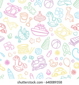 Seamless background, texture, backdrop, pattern, wallpaper with children cartoon doodle toys. Educational games for kids, vector illustration. Baby shower. Icons collection set
