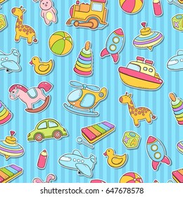 Seamless background, texture, backdrop, pattern, wallpaper with children cartoon doodle toys. Educational games for kids, vector illustration. Baby shower. Icons collection set. Sticker, patch, badge