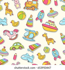 Seamless background, texture, backdrop, pattern, wallpaper with children cartoon doodle toys. Educational games for kids, vector illustration. Baby shower. Icons collection set