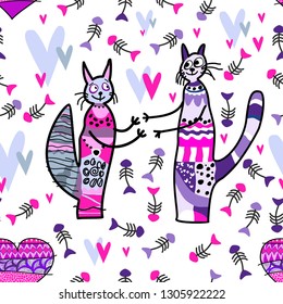 Seamless background, texture in bright pink and purple colors on a white base, multicolored. Decorative, funny, happy, cute cats and cats, a couple in love. Hearts. Vector illustration