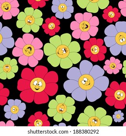 Seamless background texture with cartoon characters smiley flowers. Floral pattern design. Colorful flowers and smiles seamless texture.