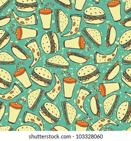Seamless background texture with fast food: burger, sandwich, hot dog and drink on blue grunge  background, vector illustration