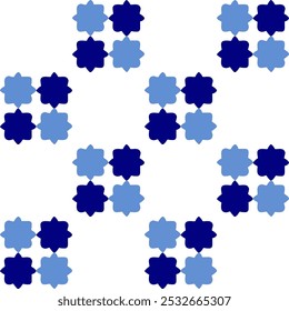 Seamless Background texture in geometric ornamental style, two tone blue block flower round square checkerboard repeat pattern, replete image, design for fabric printing, star grid cross chessboard