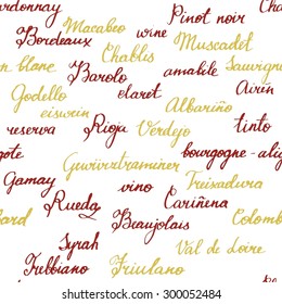 Seamless Background Texture With Names Of Wine Grapes And Wine-related Terms, Scalable Vector Graphic