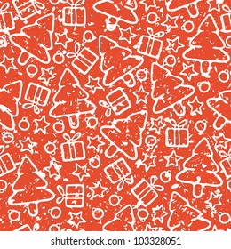 Seamless background texture on Christmas theme with christmas tree, gift, star and old grunge effect, vector wallpaper pattern