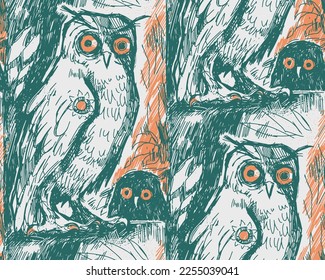 Seamless background texture with owl with big eyes. Gothic art template. Wise bird.