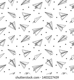 Seamless background. Seamless texture of paper airplanes. Vector graphics. Freehand drawing.