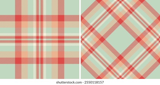 Seamless background texture of plaid check tartan with a textile vector fabric pattern. Set in christmas colours of messy stripe art.