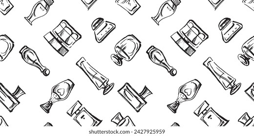Seamless background of textured outline drawings collection different parfum bottles, vector pattern for paper,wrapper