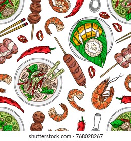 seamless background of thai cuisine. Tom Kha, Mango Sticky Rice, Green curry shrimps and chili. hand drawn illustration