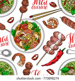 seamless background of thai cuisine. Tom Yum kung, Green curry, shrimps and chili. hand drawn illustration