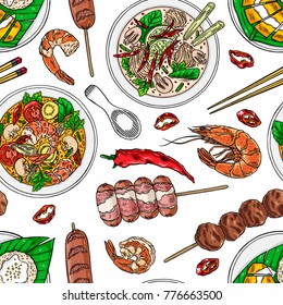 seamless background of thai cuisine. Tom Kha, Mango Sticky Rice, Tom yum shrimps and chili. hand drawn illustration
