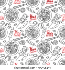 seamless background of thai cuisine. Tom Yum kung, Green curry, shrimps and chili. hand drawn illustration