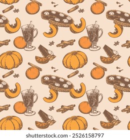 Seamless background for thanksgiving day. Vector pattern of traditional autumn dishes for Halloween. Mulled wine, pumpkins, orange, pumpkin pie with whipped cream, cinnamon and anise. Line drawing.