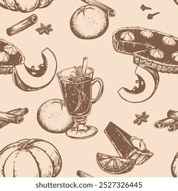 Seamless background for thanksgiving day. Vector pattern of traditional autumn dishes for Halloween. Mulled wine, pumpkins, orange, pumpkin pie with whipped cream, cinnamon and anise. Line drawing.