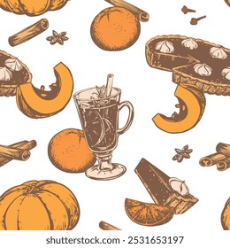 Seamless background for thanksgiving day. Vector pattern of traditional autumn dishes for Halloween. Mulled wine, pumpkins, orange, pumpkin pie with whipped cream, cinnamon and anise. Line drawing.