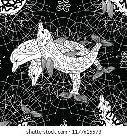 Seamless background with three dolphins and, pattern circles on black. Esoteric, occult and mysterious concept with sacred geometry elements, graphic vector illustration 