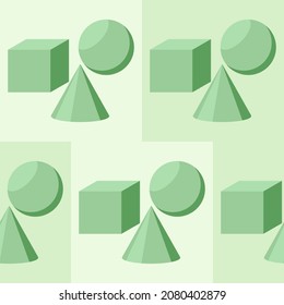 Seamless background with three-dimensional shapes in different shades of green. Vector image.