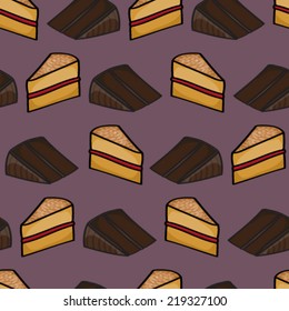 Seamless background tile with cartoon chocolate and sponge cake slices pattern. This file is Vector EPS10 and uses a clipping mask and transparencies.