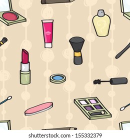 Seamless background tile with cartoon style cosmetics on a beige background.  This file is vector eps10. 