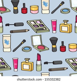 Seamless background tile with cartoon style cosmetics on a blue background. This file is vector eps10. 