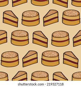 Seamless background tile with a cartoon Victoria Sponge cake pattern. This file is Vector EPS10 and uses a clipping mask and transparencies. 