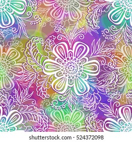 Seamless Background, Tile Contours Floral Pattern, Symbolic White Flowers and Leafs and Abstract Colorful Ornament with Rings. Eps10, Contains Transparencies. Vector