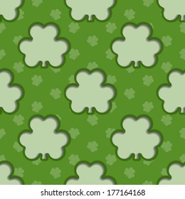 Seamless background tile with cutout shamrocks and shamrock pattern for use in your St PatrickÃ¢Â?Â?s Day and Irish Themed designs. This file is vector EPS10 and uses transparency and clipping masks. 