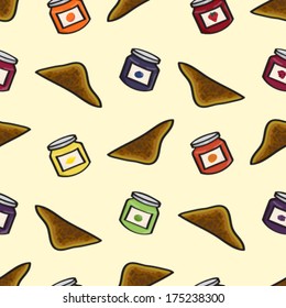 Seamless background tile featuring cartoon toast and pots of jelly or jam. 