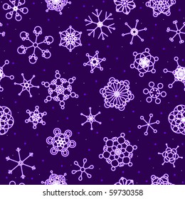 Seamless background tile of glowing neon snowflakes