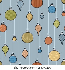Seamless background tile with hanging cartoon patterned baubles design. This file is Vector EPS10 and uses transparencies. 