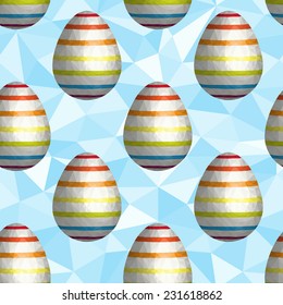 Seamless background tile with a low poly illustration of a striped Easter Egg. This file is Vector EPS10. It uses a clipping mask. 