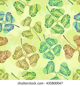 Seamless Background, Tile Ornament, Clover Plants with a Symbolical Floral Pattern, with Three Leaves and Four-Sheeted Quadrifoliate Tetraphyllous Happy. Vector