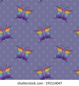 Seamless background tile in purple with rainbow colored cartoon butterflies and flower pattern.  This file is Vector EPS10. It uses opacity and clipping masks. 