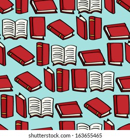 Seamless background tile with red cartoon books. Vector version.