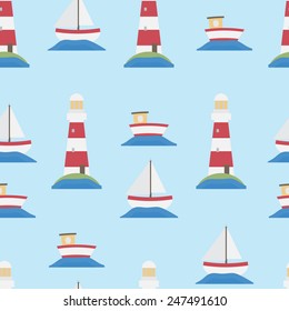 Seamless background tile with a simple pattern of boats and a lighthouse. 