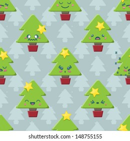 Seamless background tile with super cute Kawaii Christmas Tree pattern. Vector Version.