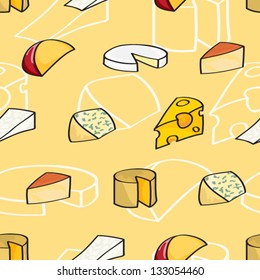 Seamless background tile with a variety of cheeses drawn in a cartoon style. Vector Version.