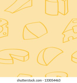 Seamless background tile with a variety of cheeses drawn in a cartoon style. Vector Version.