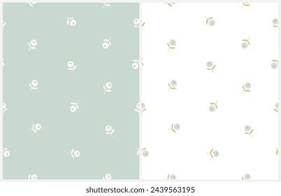 Seamless Background with Tiny Flowers. Floral Endless Vector Patterns with Hand Drawn Little Flowers Isolated on a Light Mint Blue and Off-White Background. Cute Repeatable Floral Print.