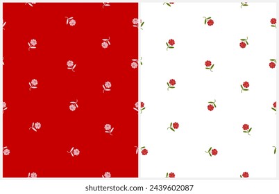 Seamless Background with Tiny Flowers. Floral Endless Vector Patterns with Hand Drawn Little Flowers Isolated on a Red and White Background. Cute Repeatable Floral Print. Pink and Red Flowers. RGB.