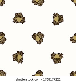 Seamless background toad gender neutral baby pattern. Simple whimsical minimal earthy 2 tone color. Kids nursery wallpaper or boho cartoon animal fashion all over print.