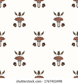 Seamless background toadstool mushroom with acorn and beetle gender neutral baby pattern. Simple whimsical minimal earthy 2 tone color. Kids nursery wallpaper or boho cartoon.