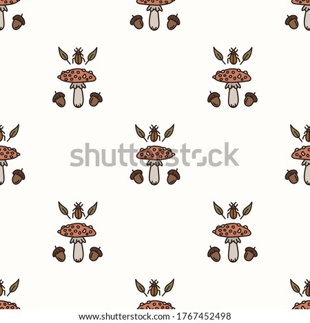 Seamless background toadstool mushroom with acorn and beetle gender neutral baby pattern. Simple whimsical minimal earthy 2 tone color. Kids nursery wallpaper or boho cartoon.