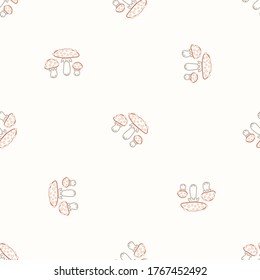 Nahtlose Hintergrund-Toadstool-Pilz geschlechtsneutrales Babymuster. Einfache minimale Erdung 2 Töne Farbe. Kinder Kindermädchen Tapete oder Boho Cartoon Tiermode auf dem ganzen Druck.